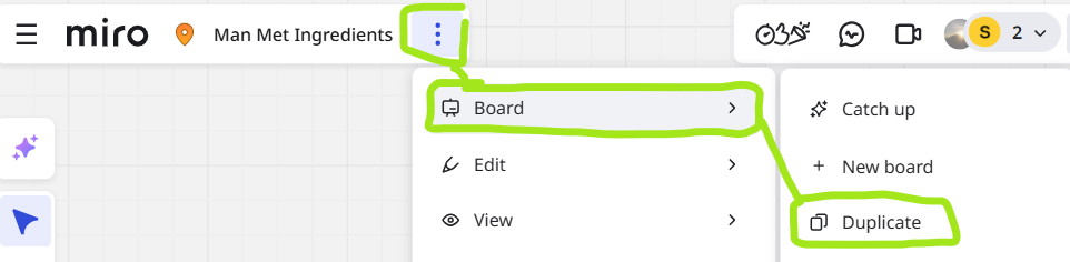 Visual of Miro settings for duplicating the template